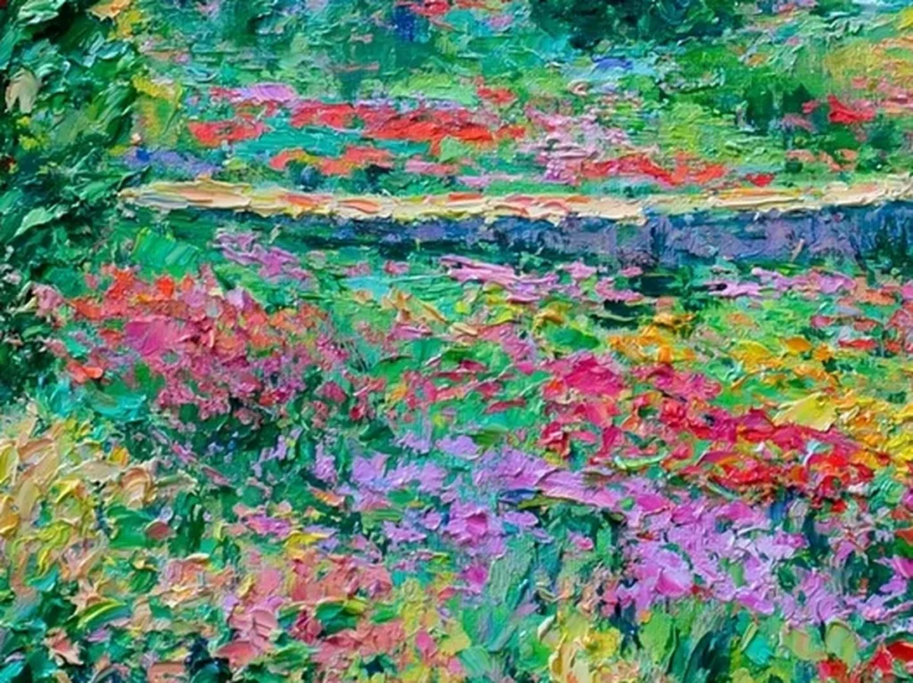 Close-up detail of thick impasto magenta, red, and yellow wildflower dabs beside the pale jade stream on colorful meadow canvas IA78