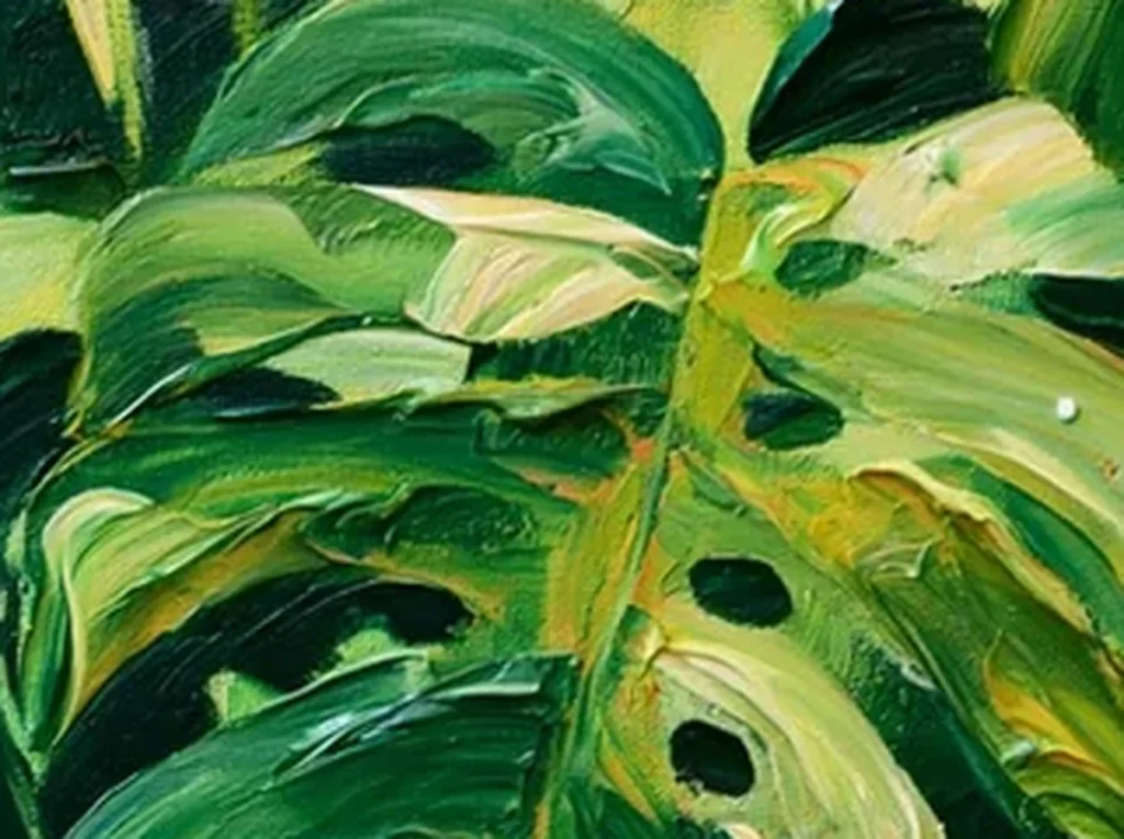 Detail crop of layered green monstera leaf strokes with warm orange flecks along the raised ribs on botanical canvas IA79