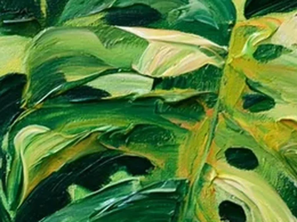 Extreme close-up of raised oil paint ridges where a chartreuse monstera rib crosses deep forest green on canvas IA79