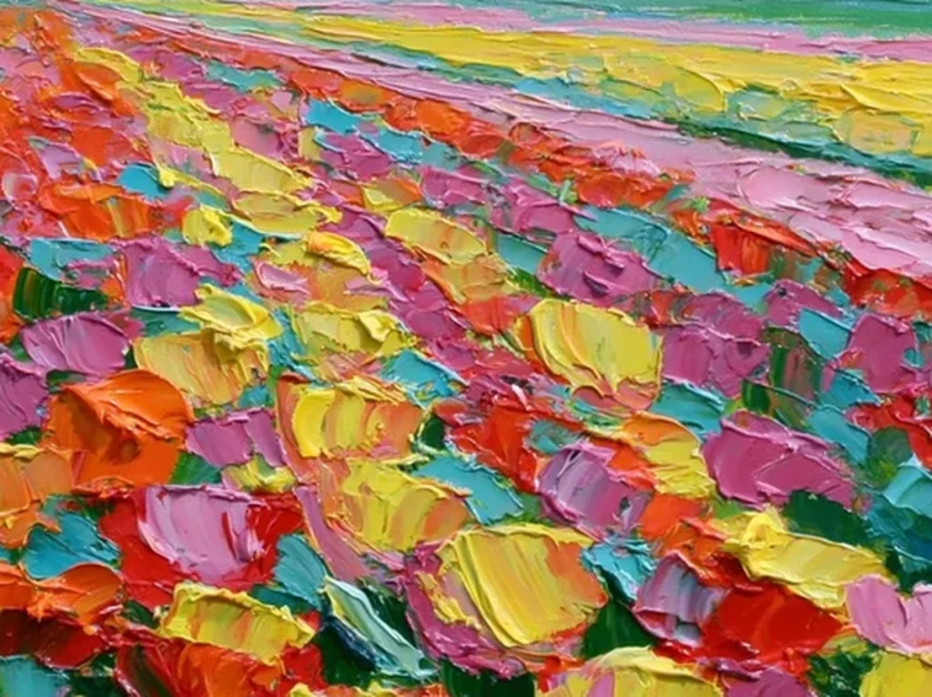 Texture detail of knife-built red, yellow, and magenta tulip heads with teal foliage strokes on tulip field canvas IA80