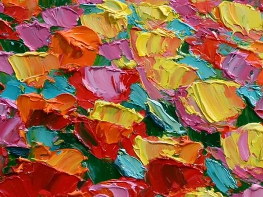 Macro view of a single tulip head showing the raised knife edge of a thick red and orange oil paint slab on IA80