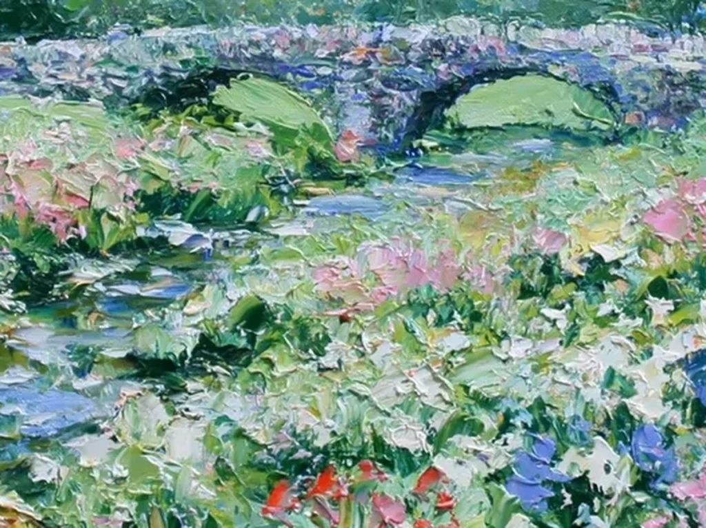Texture detail crop of knife-dabbed pink, white, and periwinkle wildflower impasto from meadow painting IA81
