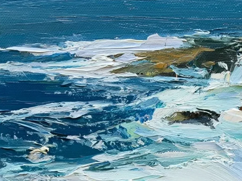 Close-up texture crop of raised white surf strokes beside an emerald tide pool on seascape canvas IA82
