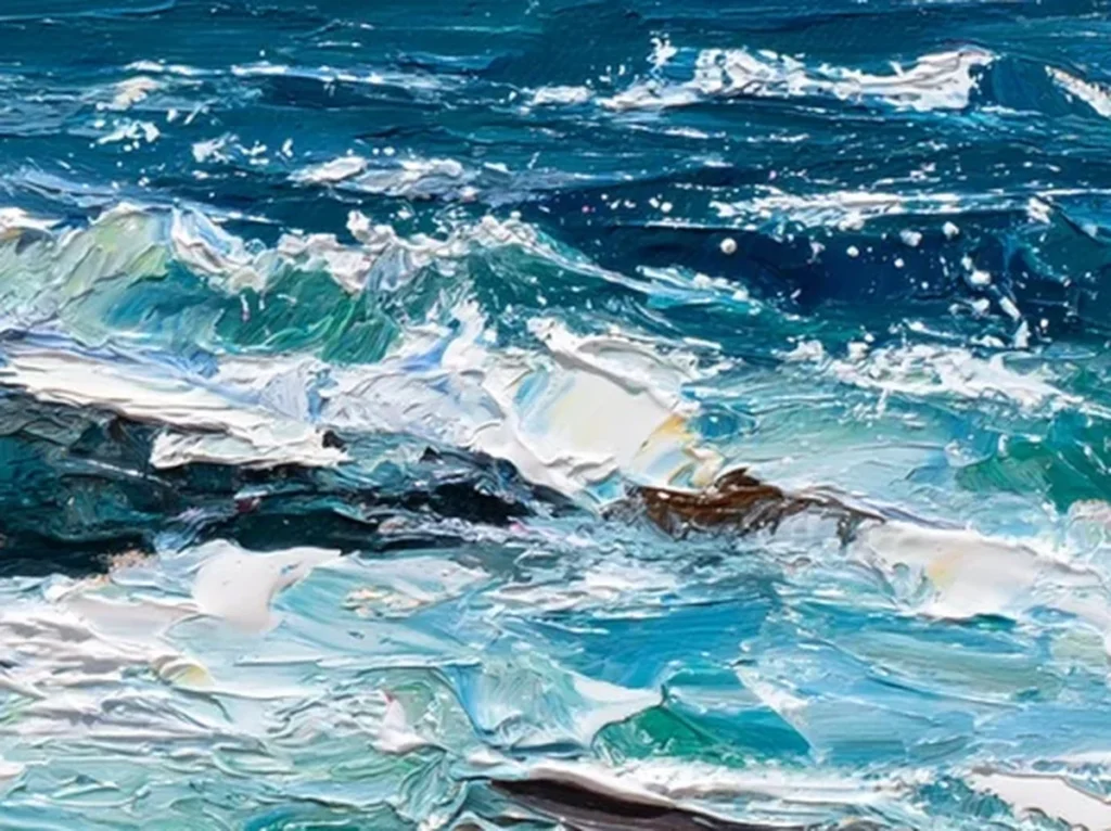 Detail crop of thick cream rock slabs and green tide pool impasto on surf painting IA83