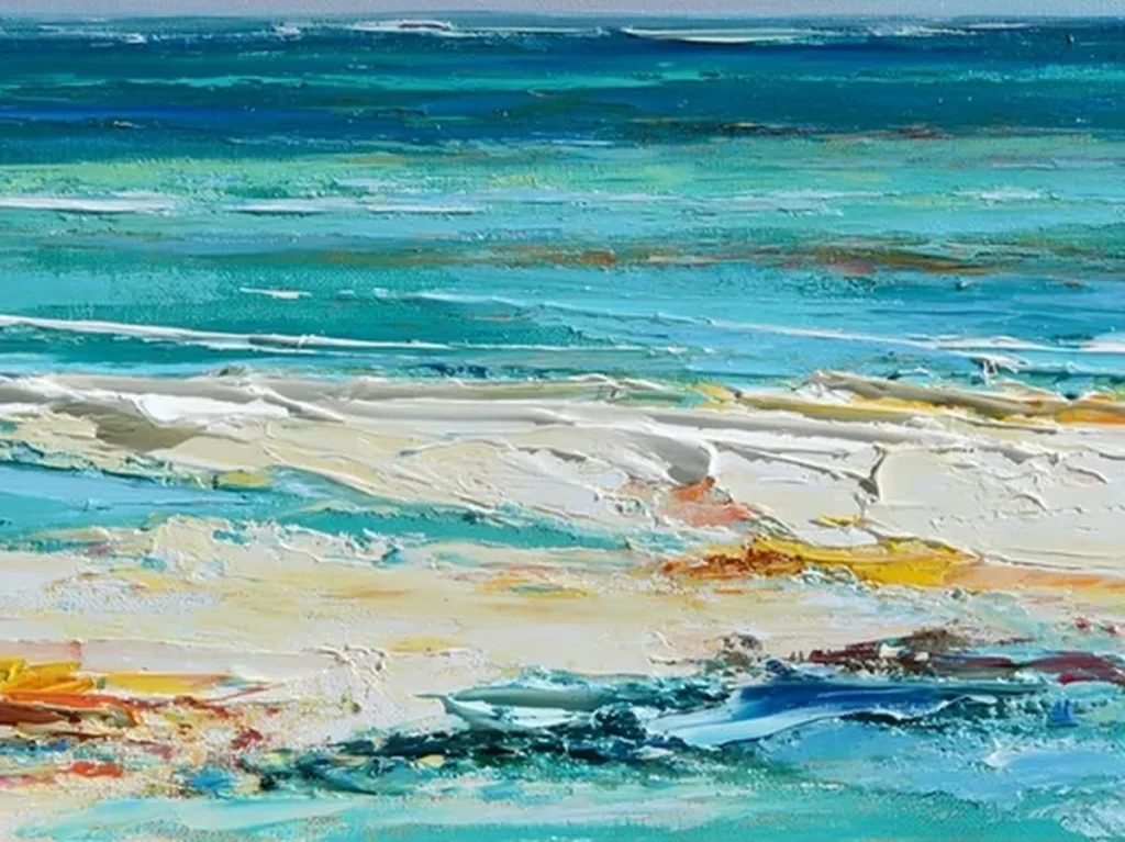 Detail crop of thick white foam strokes over turquoise shallows in calm sea and sailboat painting IA84