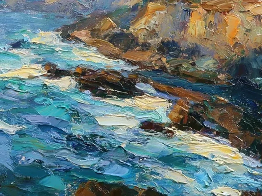 Detail crop of knife-built ochre cliff slabs and cream foam strokes in coastal cliffs painting IA85