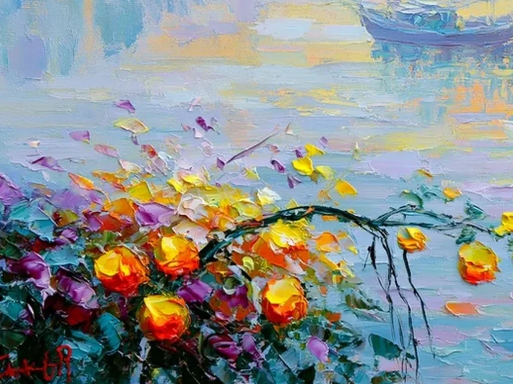 Detail crop of stacked gold and orange knife dabs on sunlit water in harbor sunrise painting IA86