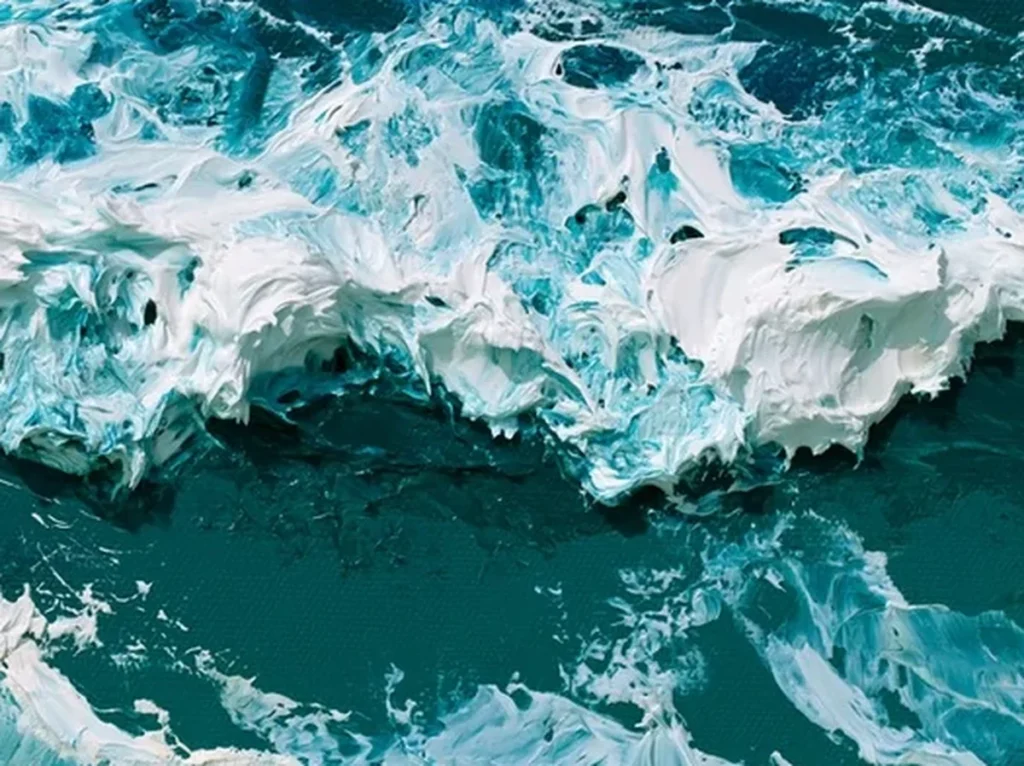 Close-up detail of thick white foam swirls and turquoise impasto ridges on breaking wave painting IA87