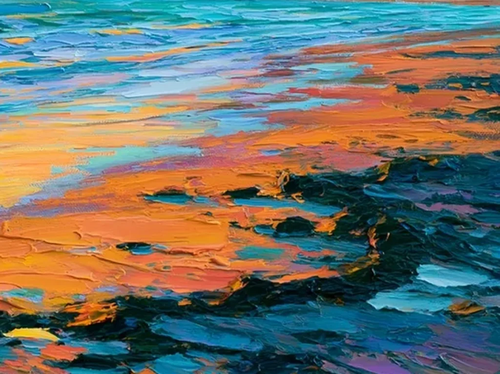 Detail crop of orange and gold knife strokes across the wet sand of sunset beach painting IA88