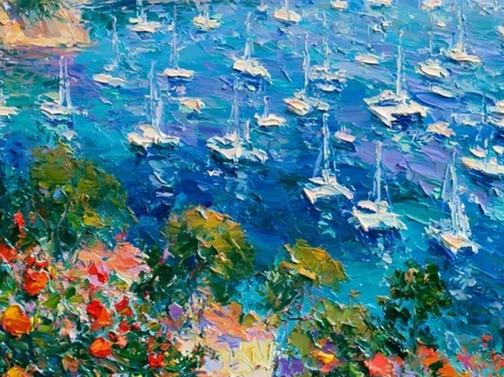 Detail crop of white sailboat knife strokes on cobalt blue water in harbor painting IA89