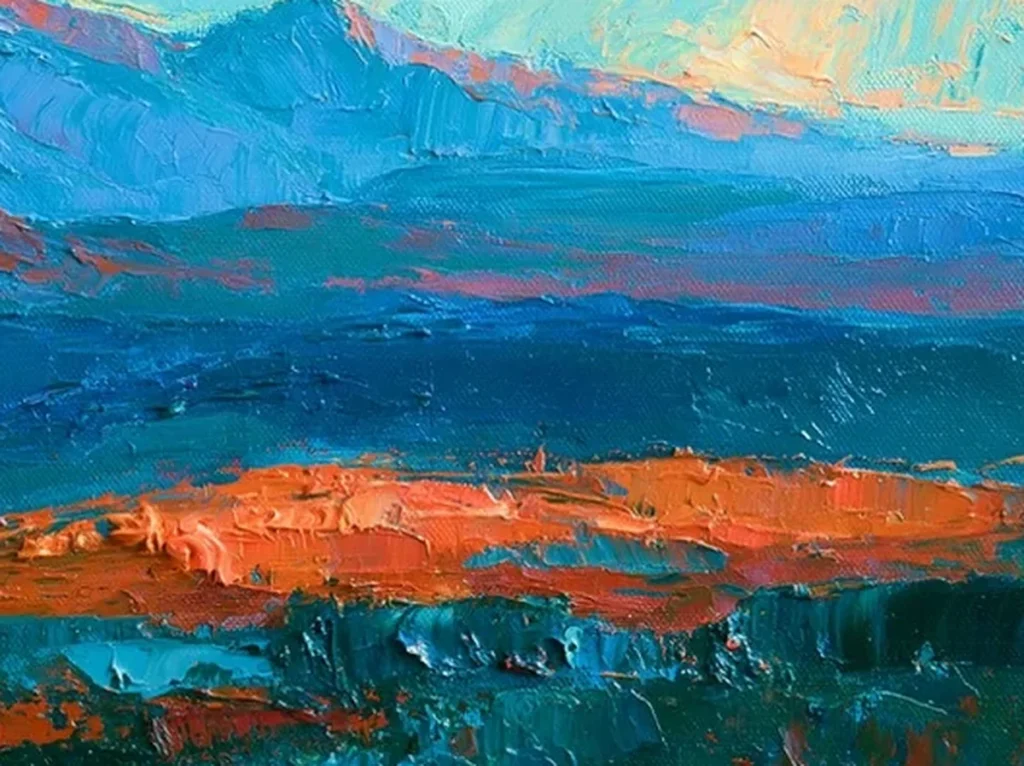 Close-up detail of orange and teal knife strokes on the blue headland impressionist painting IA90