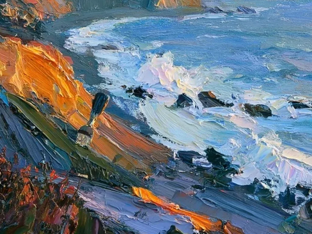 Detail crop of the golden cliff and white surf brushwork on coastal sunset painting IA91