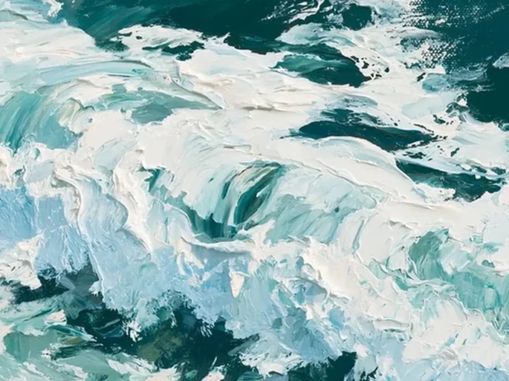 Close-up of thick white and mint foam impasto on teal wave painting IA92