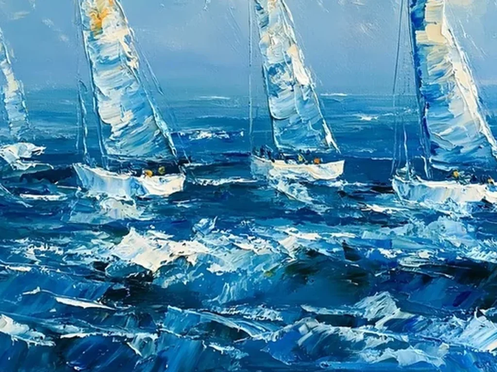 Close-up detail of thick white and navy palette knife wave texture on sailboat regatta canvas IA93