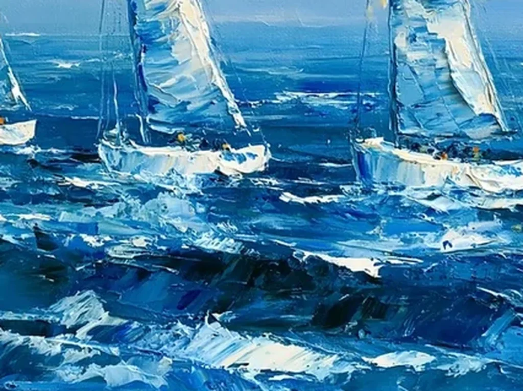 Extreme macro of raised oil paint ridges in the whitecaps of blue sailboat painting IA93