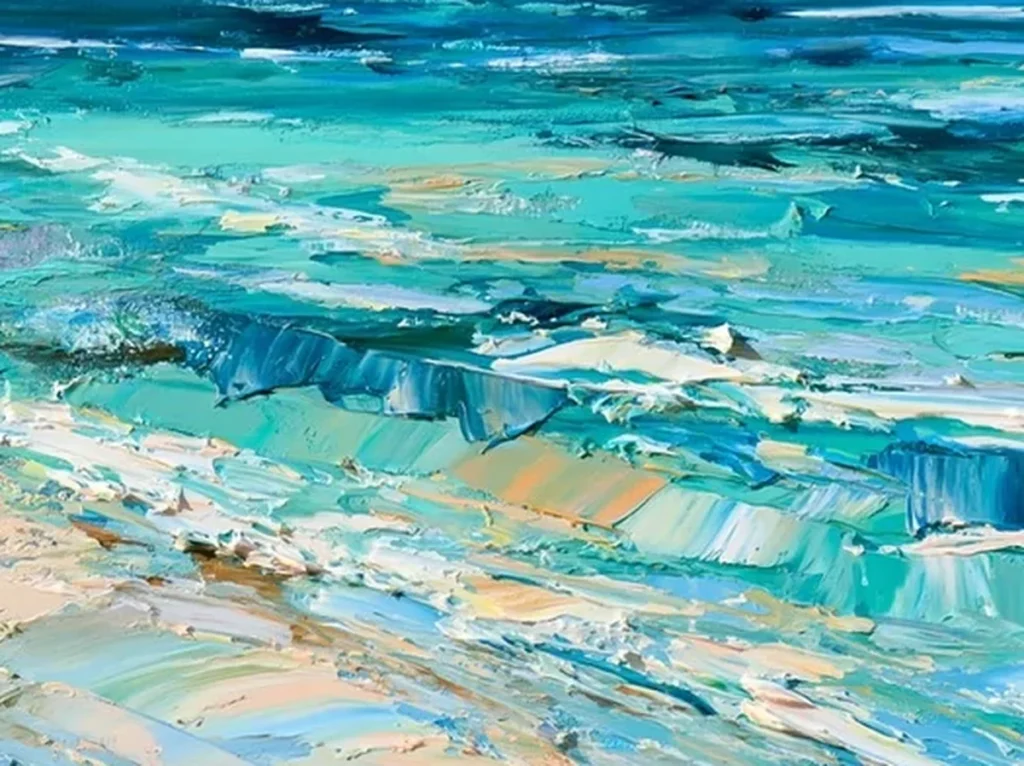 Detail crop of wide lilac and cream palette knife strokes in the foam of turquoise seascape canvas IA94