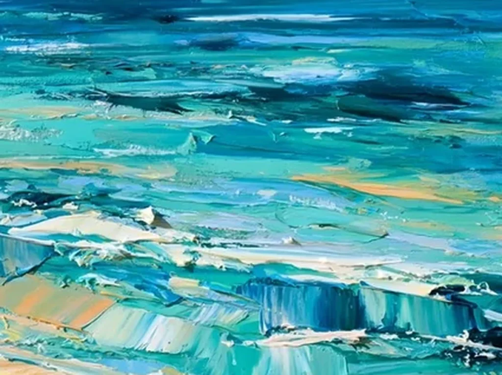 Extreme close-up of layered teal and white oil paint ridges on sparkling turquoise sea painting IA94