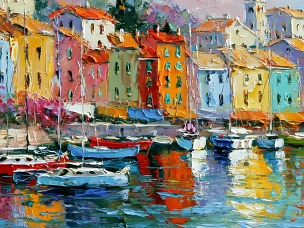 Detail crop of knife-painted coral and gold facades reflected in teal water on harbor town canvas IA95