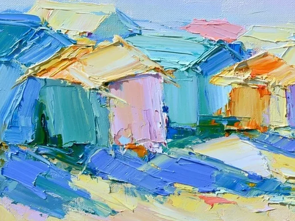 Close-up detail of thick palette knife strokes on pastel beach huts and cobalt sand shadows in beach painting IA96
