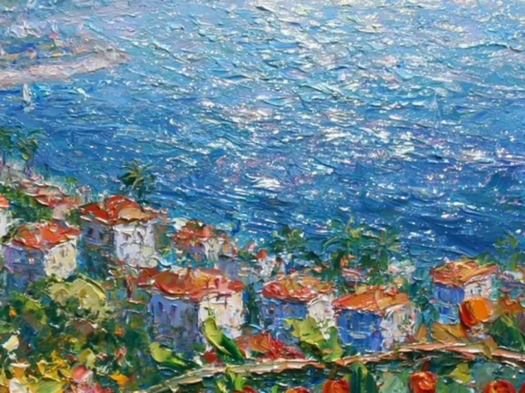 Detail crop of impasto flower dabs and the red fruit branch above a sparkling blue bay in coastal painting IA97