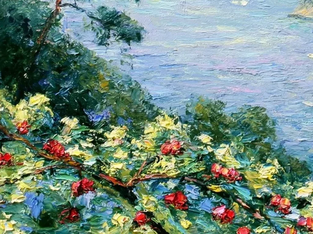 Close-up of small dabbed oil strokes in teal water and green foliage on impressionist bay canvas IA98