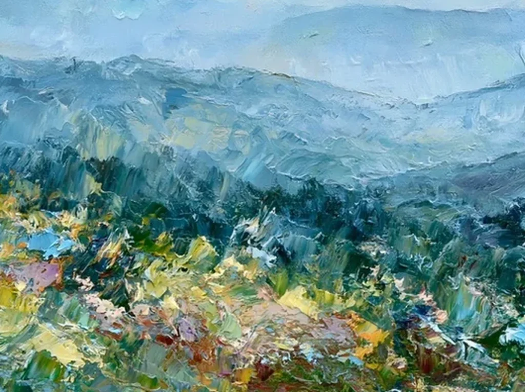 Close-up detail of knife-built paint ridges in the misty blue mountain layers of impressionist canvas IA99