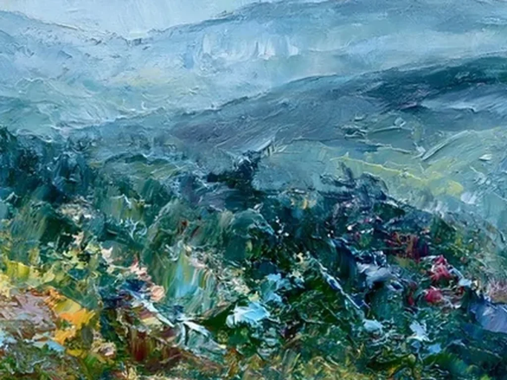Extreme macro of raised oil paint strokes shifting from deep teal to powder blue on layered mountain painting IA99