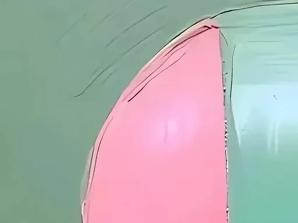 Close-up detail of smooth pink and mint paint with visible drips on minimalist portrait canvas MA06
