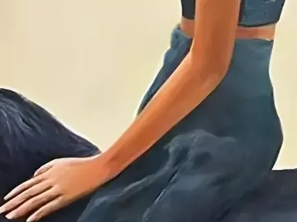 Close-up detail of the beige lady on horseback painting MA07, showing layered brushwork in the gold straw hat and the navy horse's back