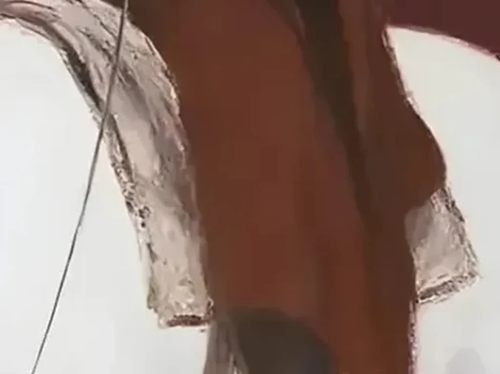 Close-up detail of minimalist painting MA08 showing the soft white brushwork of the horse against the deep oxblood red ground.