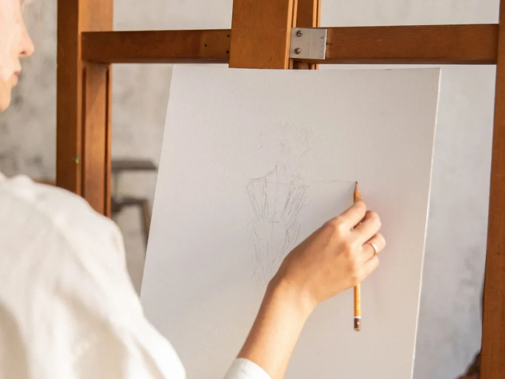 Artist sketching the composition on canvas before the painting begins