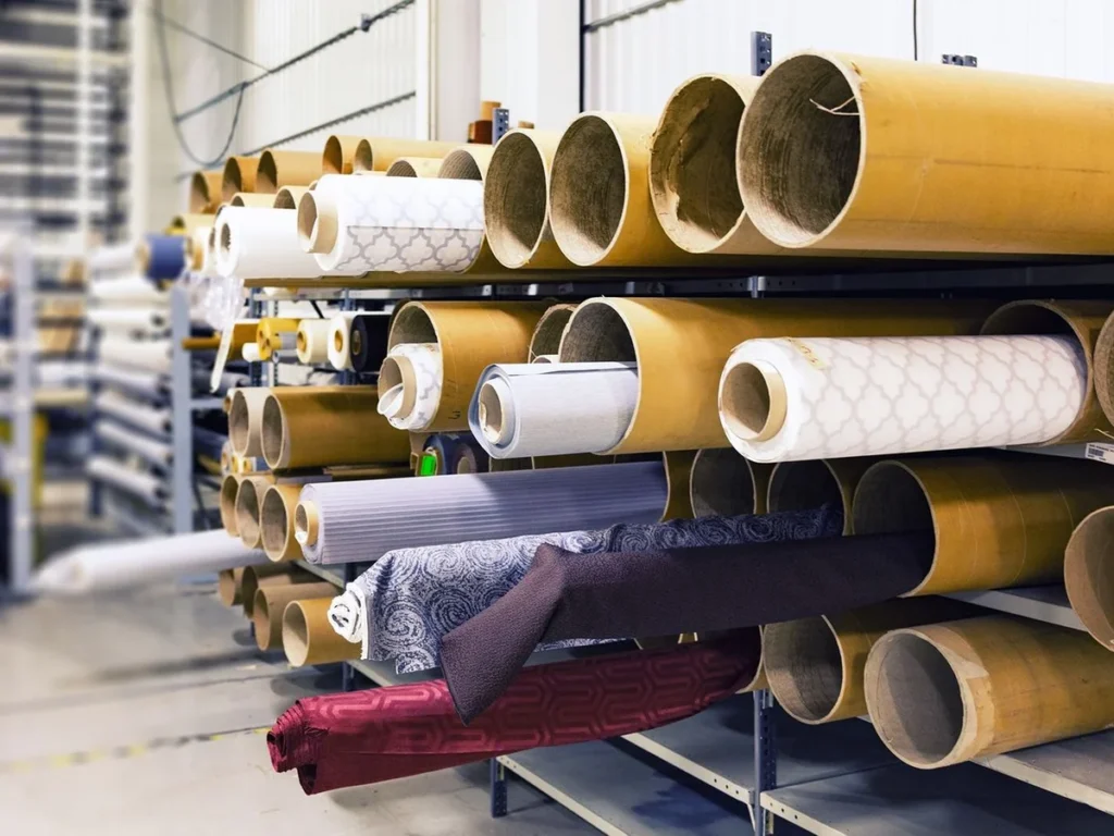 Rolls of blank canvas stored on the studio rack
