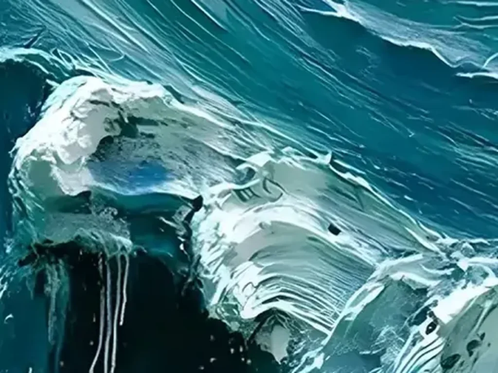 Close-up of the thick white foam and deep teal water in wave painting TA01, showing heavy impasto ridges standing off the canvas.