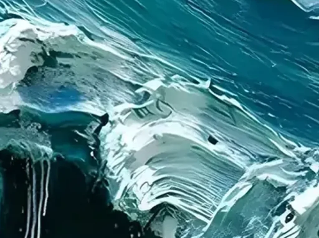 Extreme macro of wave painting TA01, showing a single ridge of chalk-white foam paint casting its shadow over the deep teal beneath.