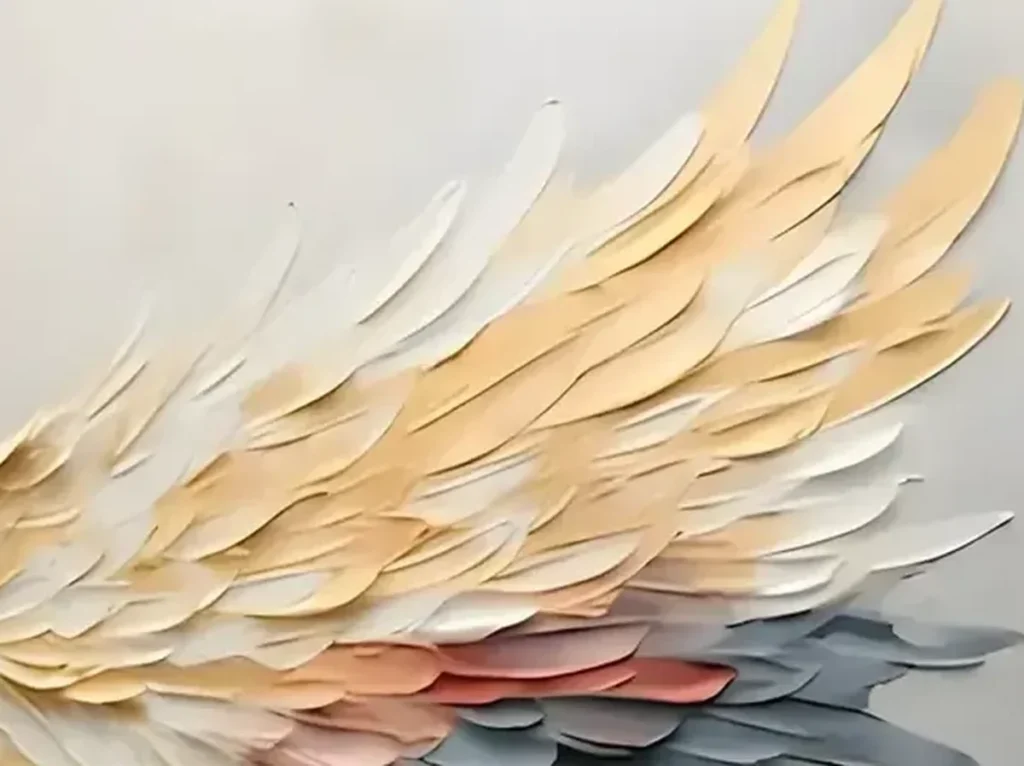 Close-up of the raised impasto feathers in gold, coral, and slate blue on the TA02 angel wings textured canvas.