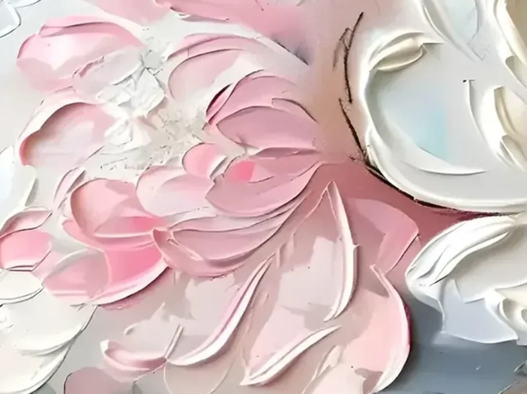Close-up texture detail of thick knife-pulled white and blush pink peony petals standing off the canvas, TA07.