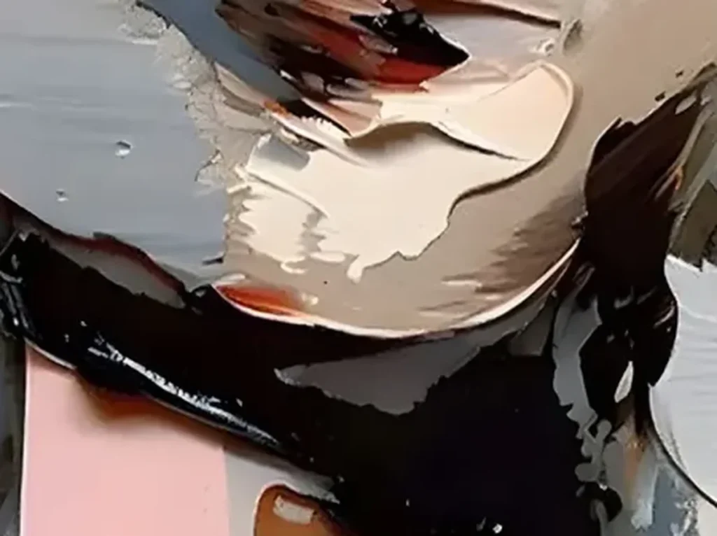 Close-up texture detail of thick cream, peach, and gray palette-knife slabs forming an abstract face, TA09.