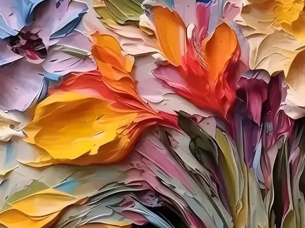 Close-up of the raised palette-knife petals on multicolor bouquet painting TA10, real impasto relief casting shadows