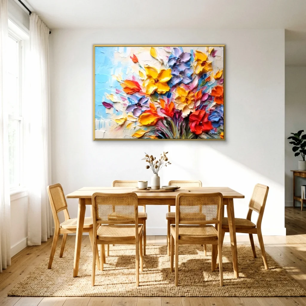 Multicolor palette-knife flower wall art framed in gold on a bright white dining room wall, above a light oak table ringed by six cane-back chairs on a jute rug beside a curtained window.