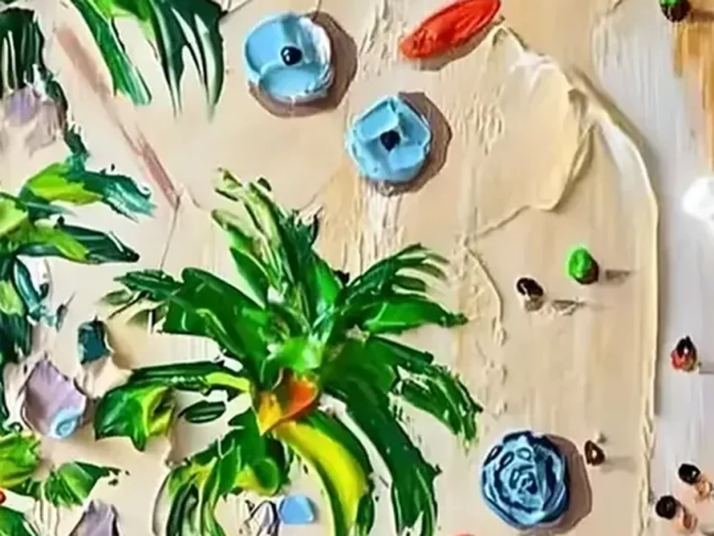 Close-up of the heavy impasto surf on aerial beach painting TA11, showing thick white foam standing off the canvas beside turquoise knife-worked water and tiny dotted swimmers.