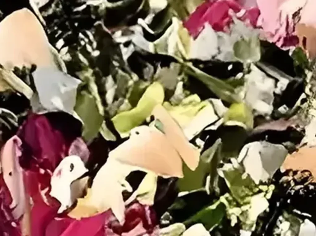 Close-up of the chunky palette-knife dabs on flower painting TA12, where wine-red, mauve, and ochre petals are built from thick shards of paint beside a pale cream field.