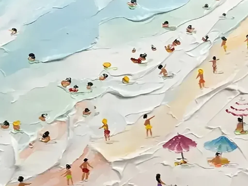 Close-up of the tiny painted swimmers and impasto foam on aerial beach canvas TA13