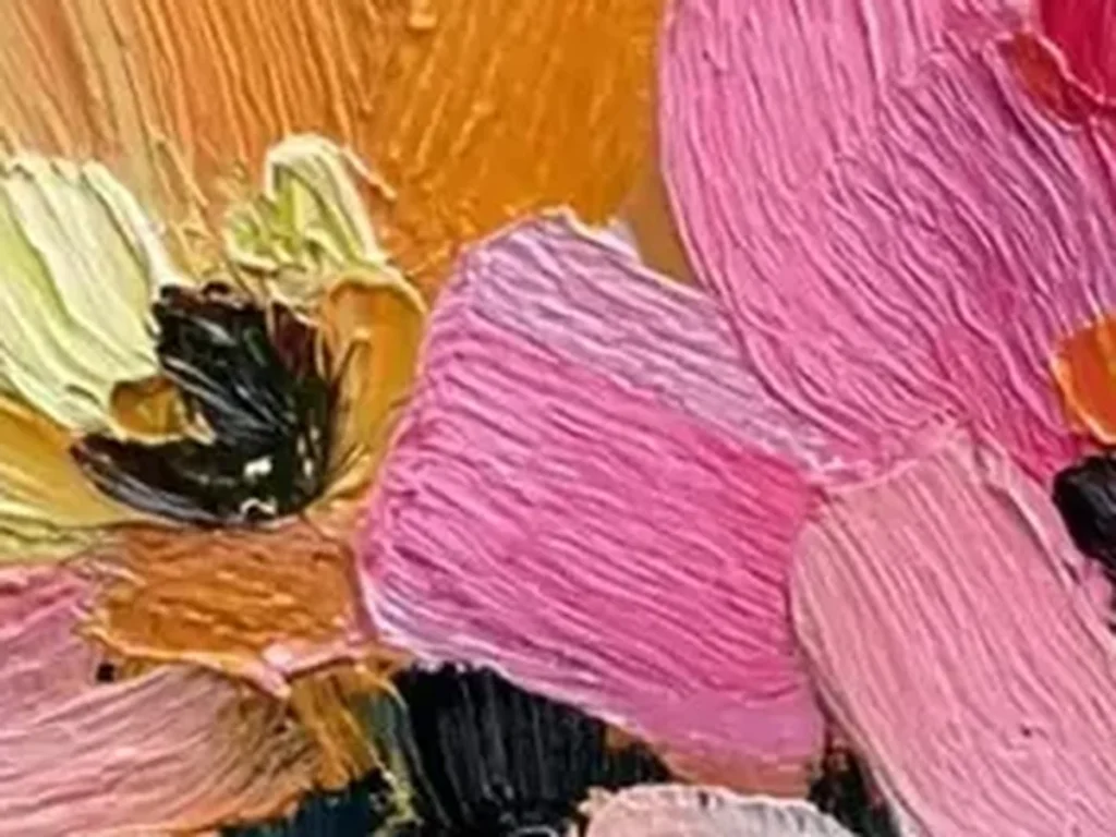 Close-up of the heavy impasto petals on poppy painting TA14, showing raised knife strokes of a raspberry-pink poppy with orange-yellow stamens against a deep teal-navy background.