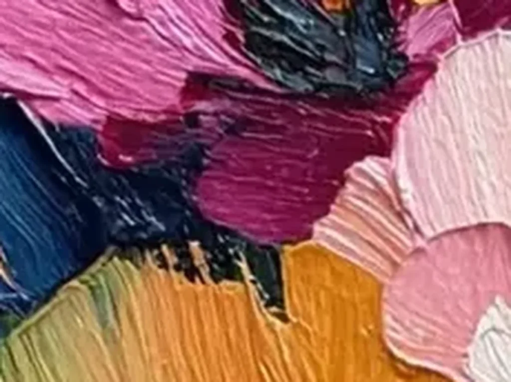 Extreme macro of a single magenta poppy petal on TA14, thick ridges of pink oil paint standing off the canvas with a scatter of small gold flecks.