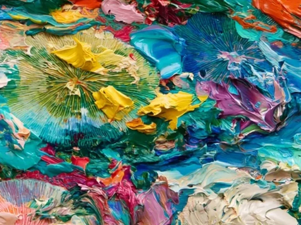 Close-up texture detail of Mediterranean coast canvas TA15, showing thick knife-built coral and cream blooms rising off a troweled turquoise ground.