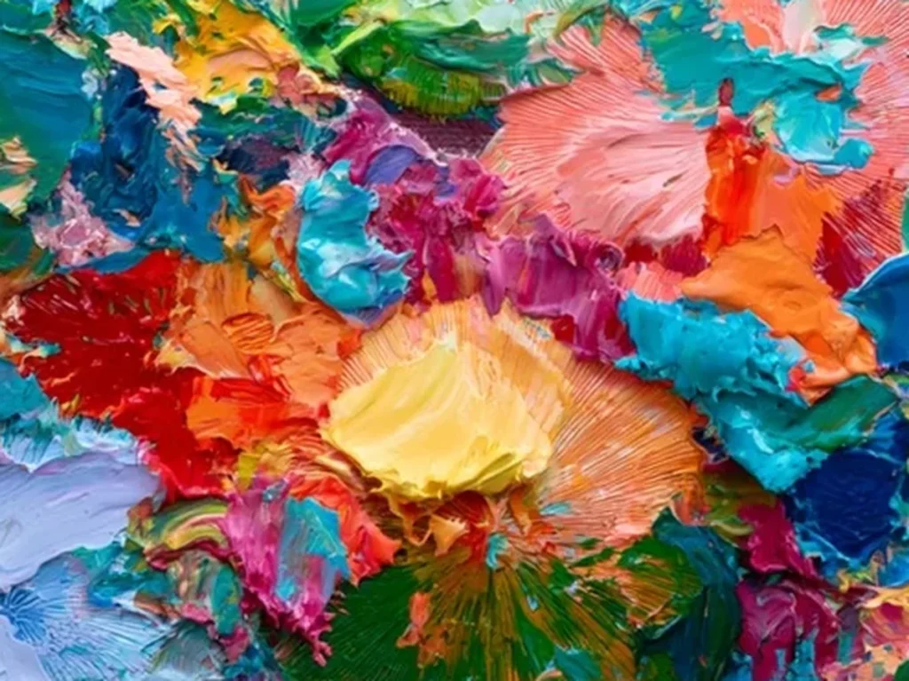 Close-up texture detail of abstract bloom canvas TA16, showing knife-built gold starbursts and coral fans beside troweled turquoise ridges.