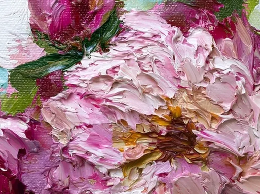 Extreme close-up texture detail of the impasto peony painting TA17, showing thick palette-knife petals in blush pink and cream white with a small golden center and raised ridges.
