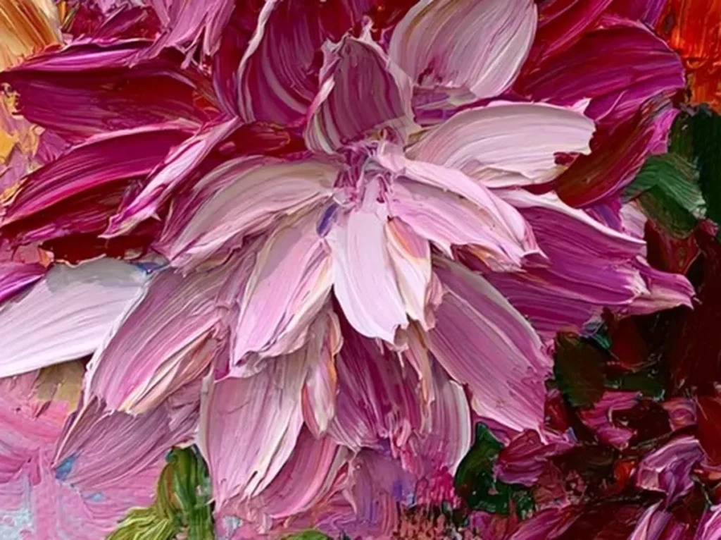 Close-up of the thick palette-knife petals on the pink and orange dahlia canvas TA18, showing raised ridges of coral, magenta, and butter-yellow oil paint.