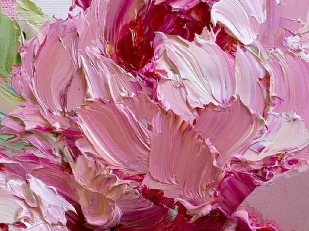 Close-up of the impasto white peony at the center of the blush peony canvas TA19, showing thick curved knife strokes in cream, blush pink, and green.
