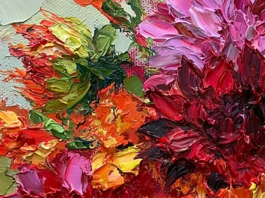 Close-up detail of thick crimson and orange dahlia petals built in raised paint on textured canvas TA20